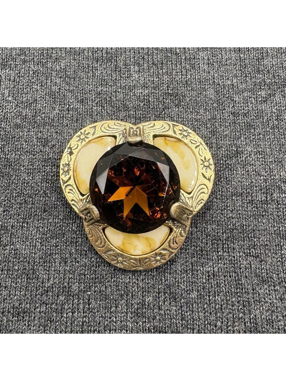 Vintage Miracle Celtic Brooch Amber Brown Faceted Glass Stone Gold Tone